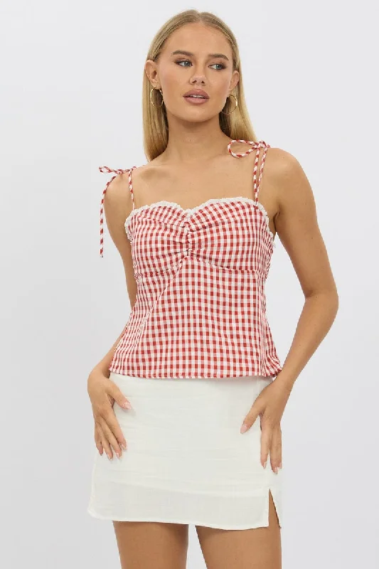 Red Check Cami Top Backless