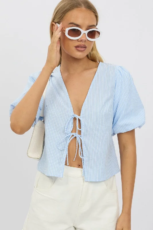 Blue Stripe Tie Front Top Puff Short Sleeve