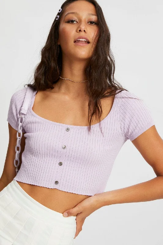 Purple Short Sleeve Rib Knit Scoop Neck Button Detail Cro