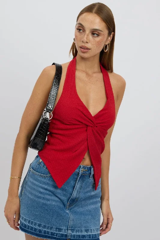 Red Halter Neck Top Textured