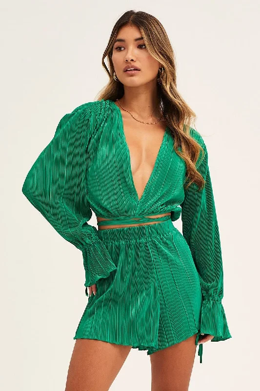 Green Plisse Wrap Top Long Sleeve Crop