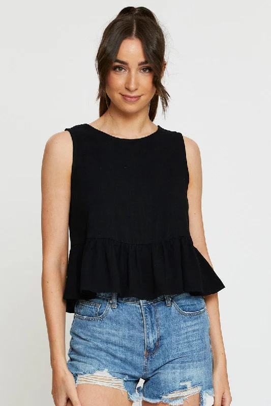 Black Peplum Top Sleeveless Ruffle