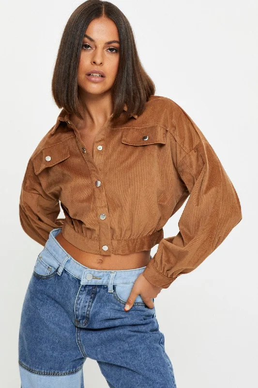 Brown Crop Button Front Shirt