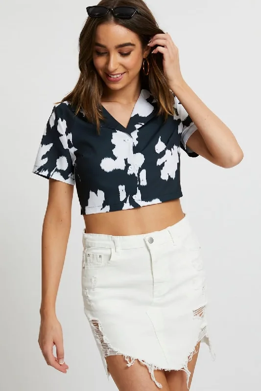 Print Button Front Crop Shirt