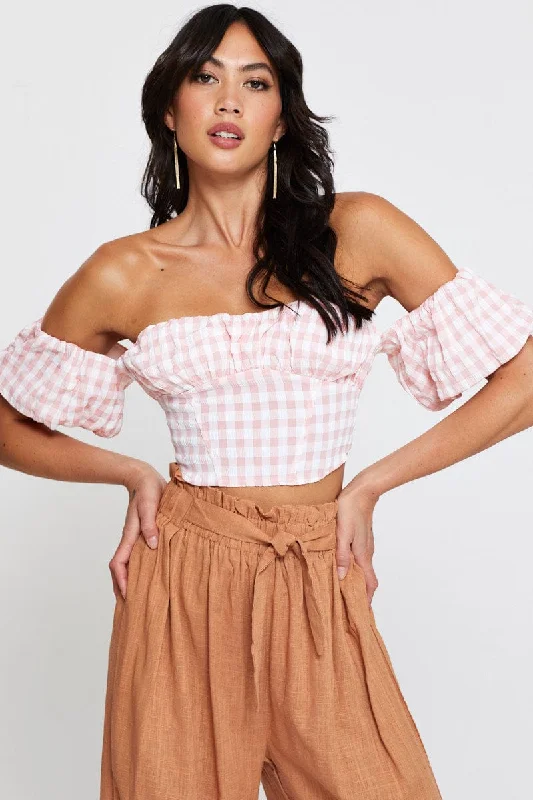 Check Crop Top Off Shoulder Short Sleeve