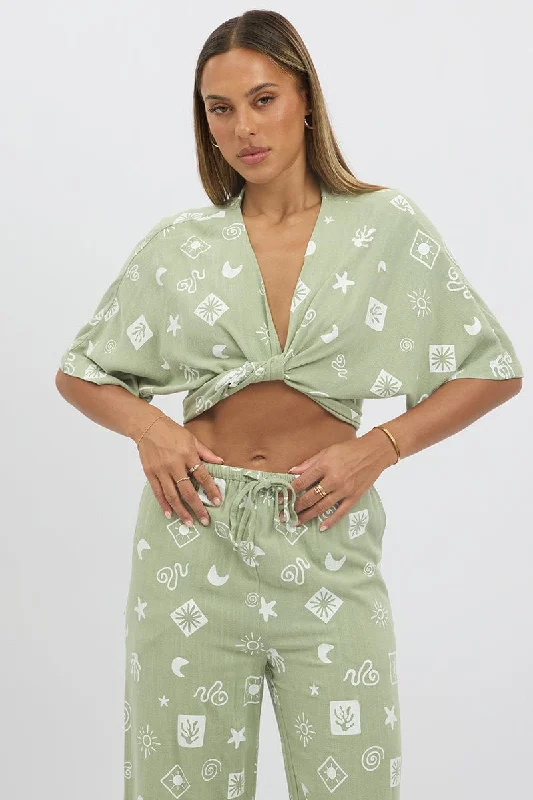 Green Abstract Tie Up Bolero Short Sleeve