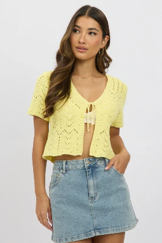 Yellow Crochet Knit Cardigan Short Sleeve V Neck