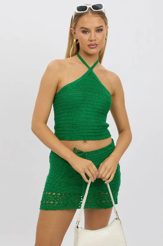 Green Knit Top Halter Neck