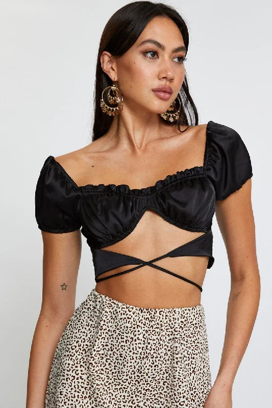 Black Crop Top Short Sleeve Tie Up