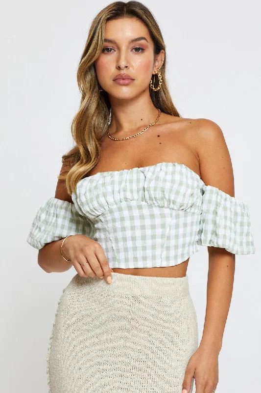 Check Crop Top Off Shoulder Short Sleeve