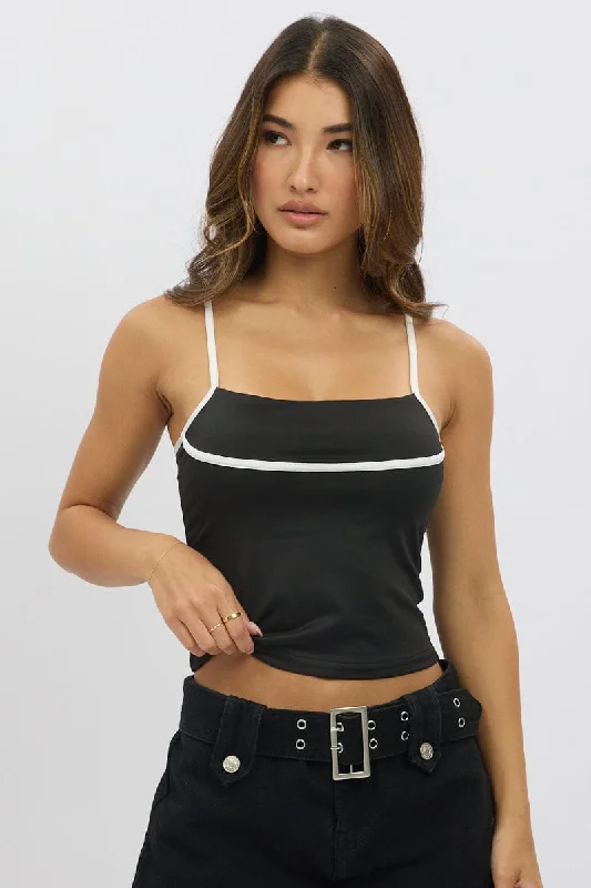 Black Singlet Top Contrast Piping