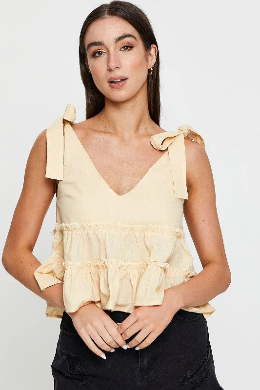 Beige Singlet Top Sleeveless V-Neck