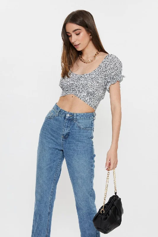 Polka Dot Short Sleeve Ruched Crop Top