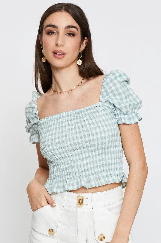 Check Crop T Shirt Short Sleeve Square Neck