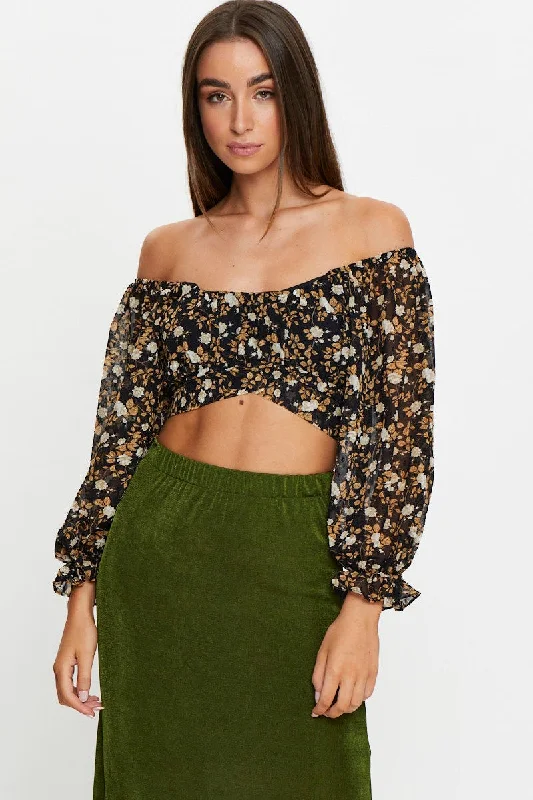 Print 3/4 Sleeve Crop Top