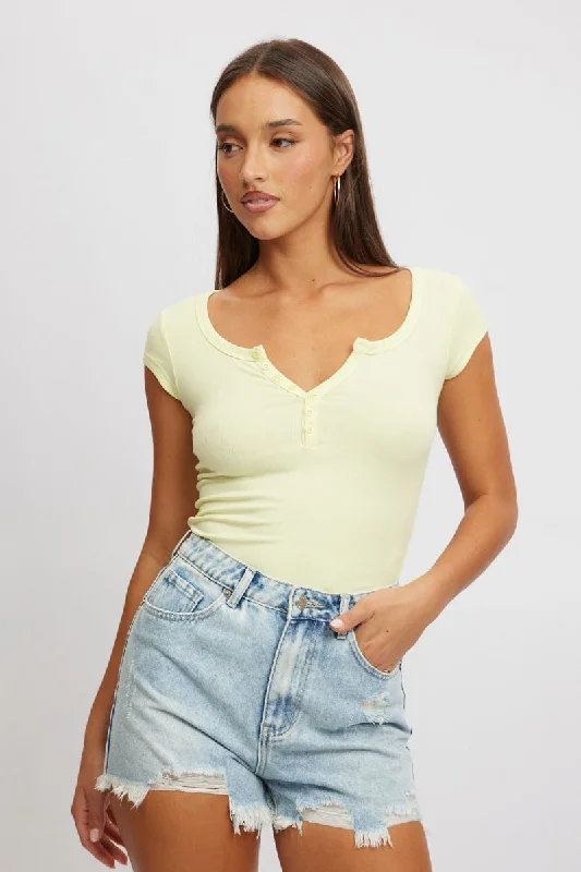 Yellow Button Down Tee Short Sleeve Rib