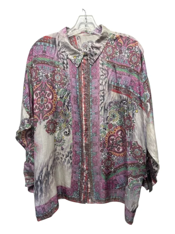 Johnny Was Size XS Pink & Cream Silk Paisley Button Long Sleeve Top