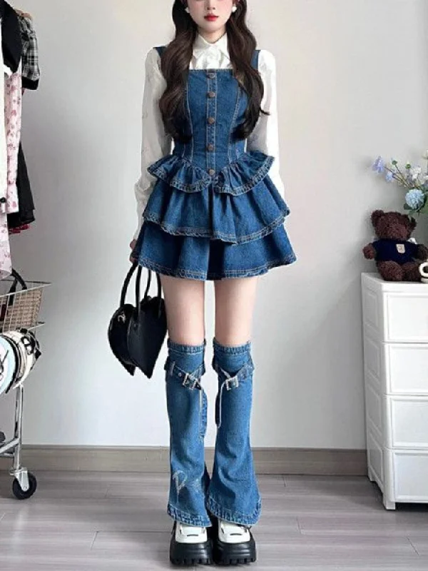 KittenAlarm - 2024 Autumn Camisole Jean Dress Sleeveless Denim Slim Vintage Y2k Mini Dress Women 3 Piece Dress Set Korean Fashion Clothing