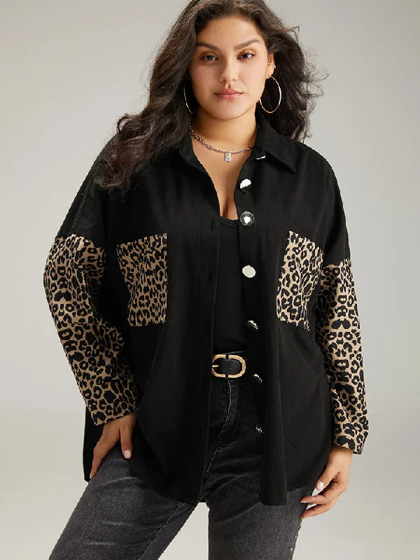 Leopard Patchwork Contrast Pocket Button Up Shacket