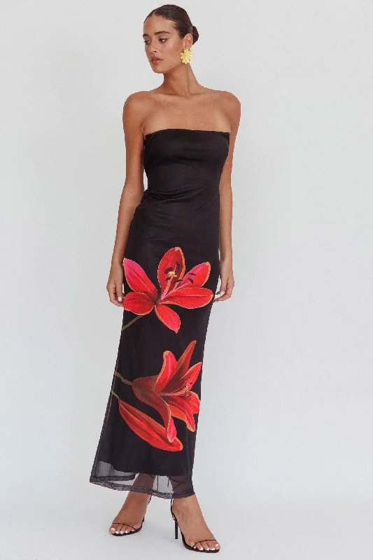 Iridian Strapless Floral Maxi Dress Black