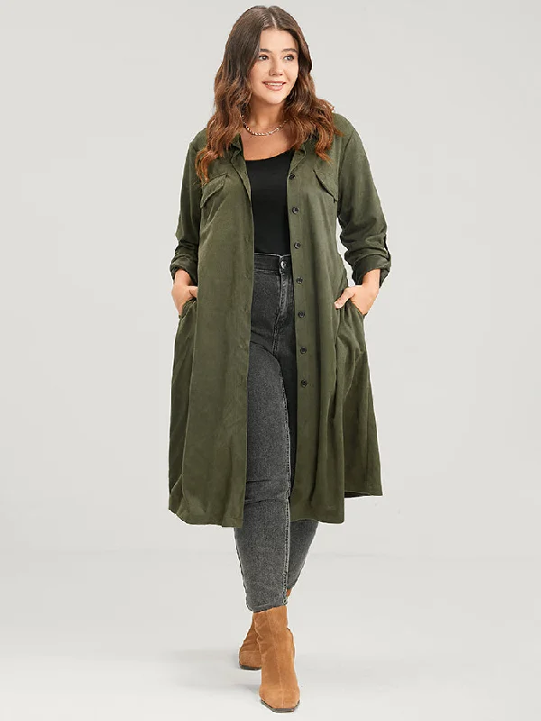 Solid Cuffed Sleeve Pocket Button Down Belted Coat