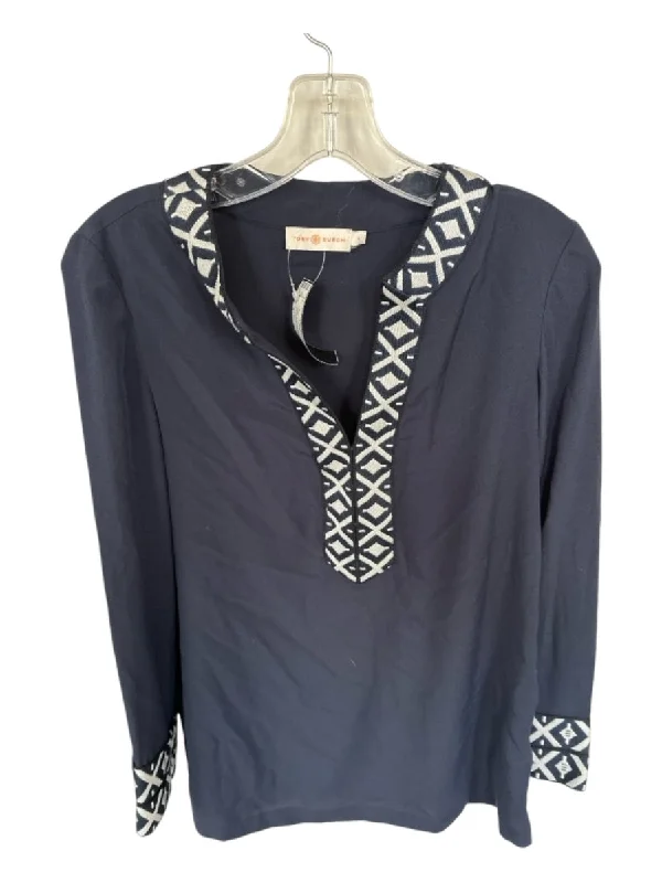 Tory Burch Size 4 Navy & white Polyester Long Sleeve Embroider Detailing Top