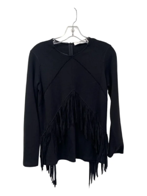 Sandro Size Est S Black Wool Blend Round Neck Long Sleeve Back Zip Fringe Top