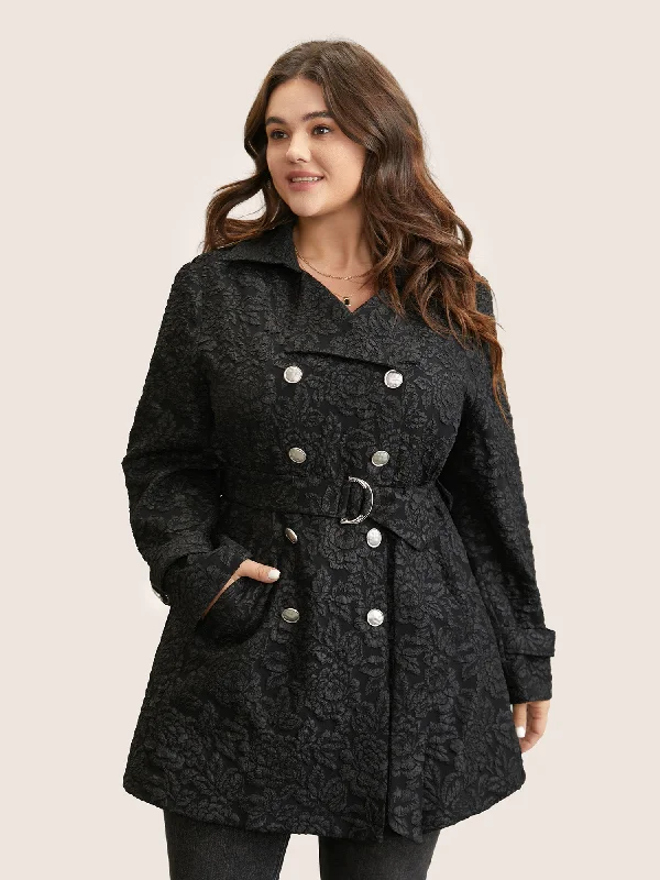 Jacquard Belted Double Breasted Lined Coat