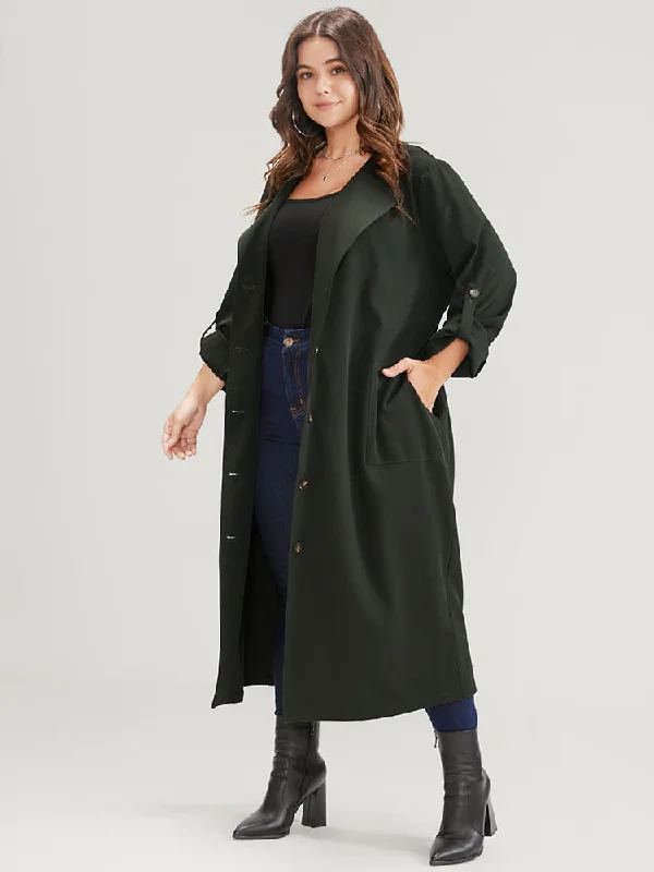 Solid Cuffed Sleeve Belted Pocket Button Up Trench Coat