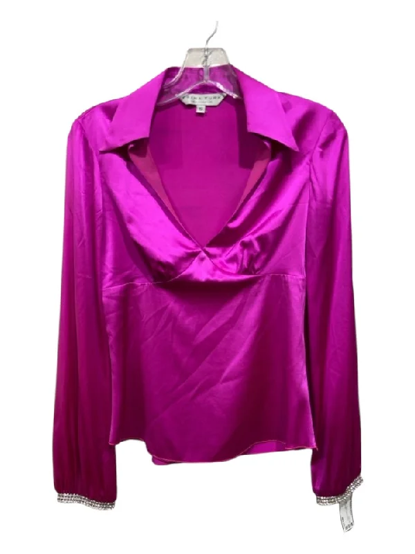 Trina Turk Size S Pink Silk V Neck Collar Long Sleeve Rhinestone Top