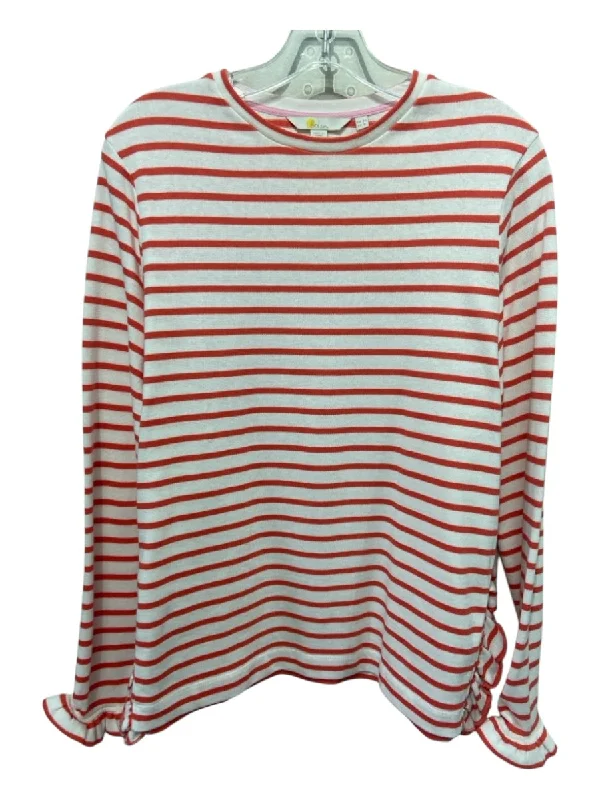 Boden Size 10 Orange & White Cotton Horizontal Stripes Scoop Neck Top