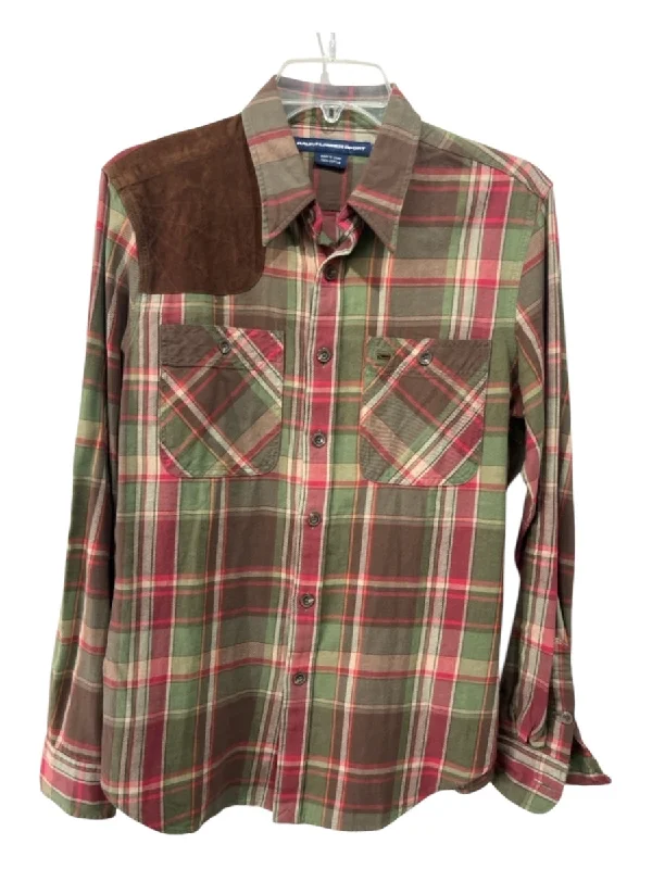 Ralph Lauren Sport Size 12 Green, Brown & Red Cotton Plaid Button Up Collar Top