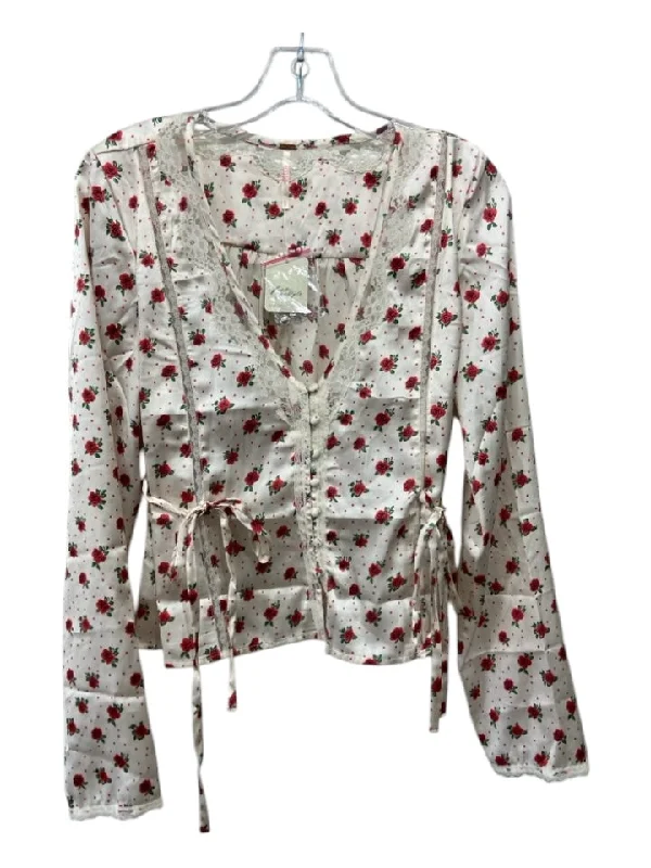 Free People Size S Cream, Red, Green Polyester Floral Lace Trim Long Sleeve Top