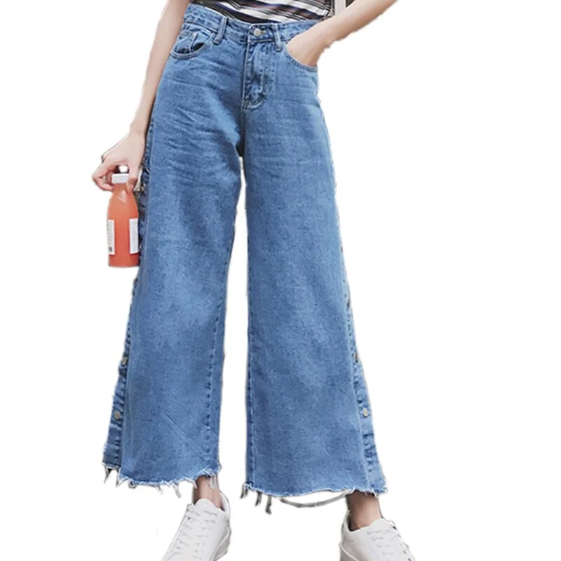 Women`s Plus Size High Waist Jean Double Breasted Split Wide Leg Jeans Denim Pants Boyfriend Jean Femme For Women Jeans Summer