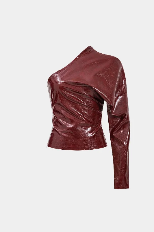 Faux Leather One Shoulder Asymmetrical Long-Sleeve Shirt