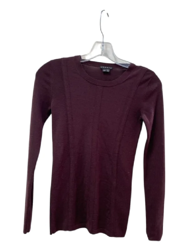 Theory Size P/TP Burgundy Wool Long Sleeve Round Neck Fitted Seam Detail Top