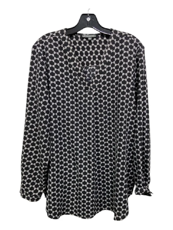 Adriana Papell Size XL Black & White Poly Blend Geometric Long Sleeve Top