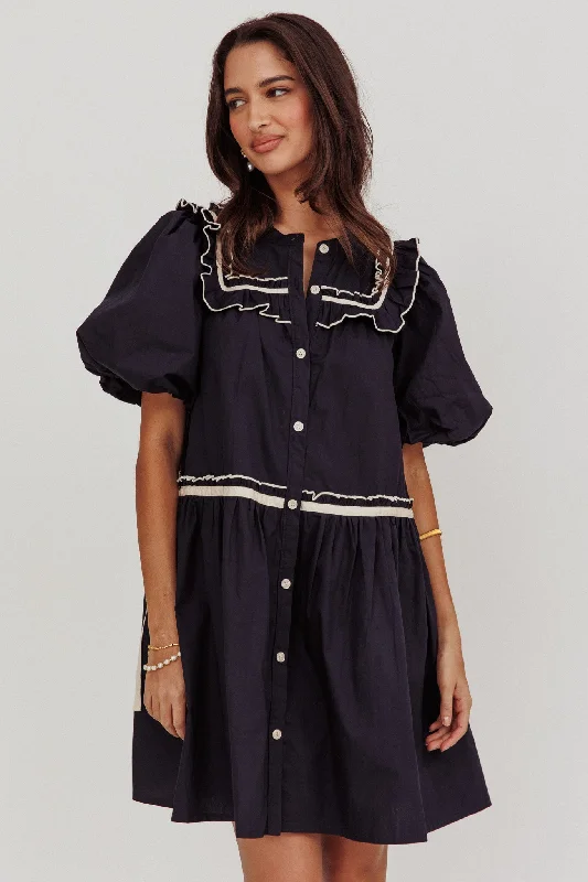 Late Spring Puff Sleeves Ruffle Mini Dress Navy