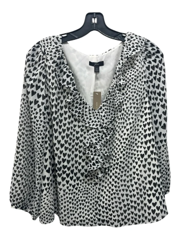 J Crew Size M White & Black Polyester Hearts V Neck Ruffle Detail Top