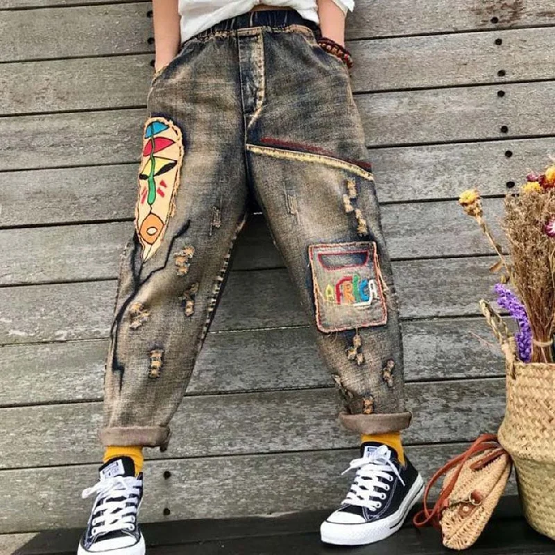 Jeans Denim Pants Trousers Loose for Women Embroidery Faces Big Size Oversized Retro Vintage Fashion Casual American 180018