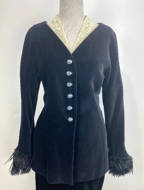 Vintage 1980s Women's Black Velvet Feather Trim Jacket, Myréne De PréMonville, Medium