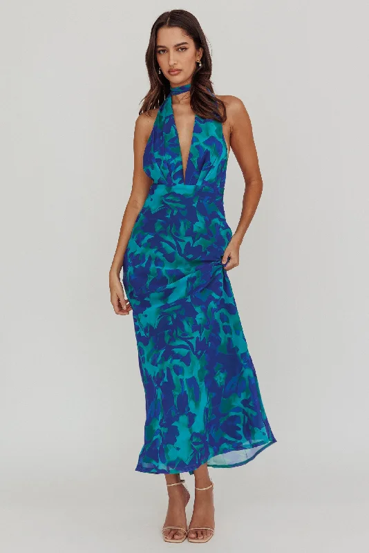 Italia Azure Halterneck Maxi Dress Abstract Blue