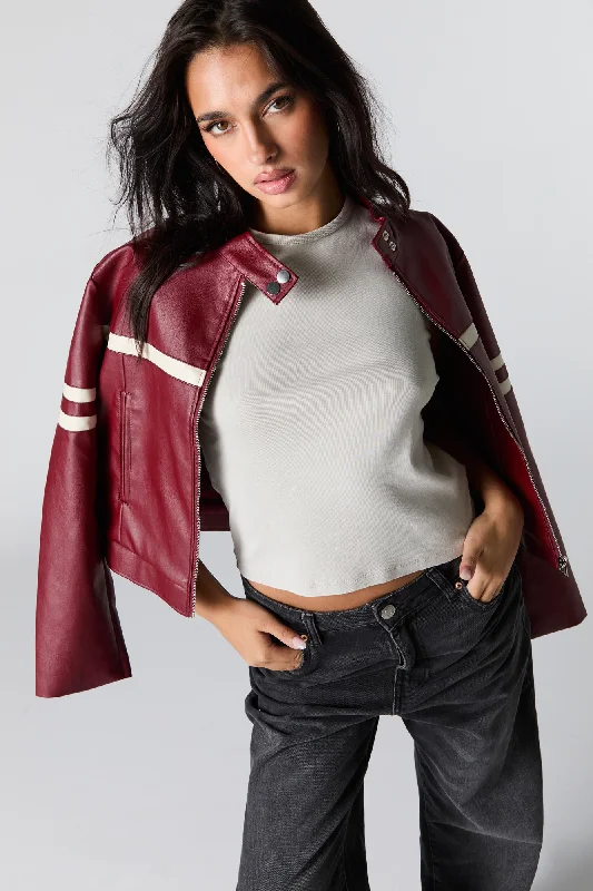 Faux Leather Contrast Striped Moto Jacket