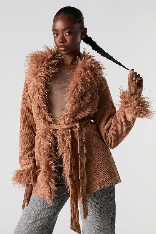 Corduroy Faux Fur Trim Jacket