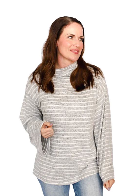 ASC Striped Hacci Cowl Neck Top- H Grey/White