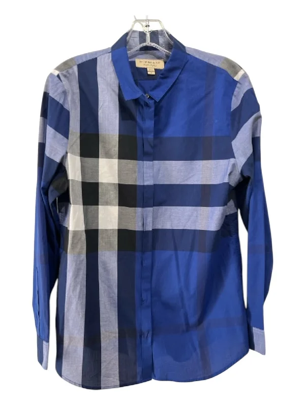 Burberry Size M Blue Print Cotton Button Down Plaid Long Sleeve Top