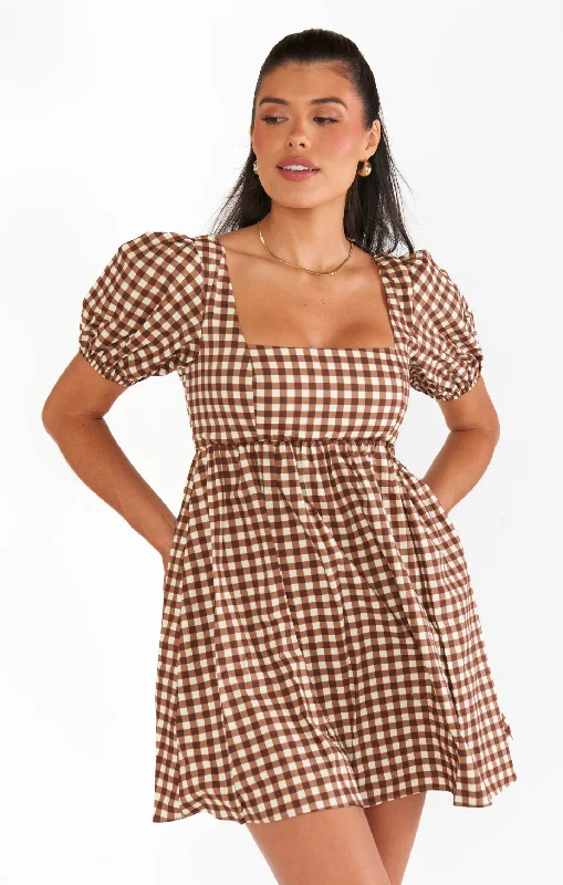 Smitten Babydoll Dress ~ Brown Gingham