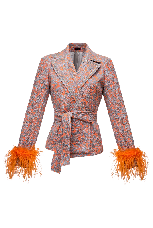 Jacquard Jacket with Detachable Feather Cuffs