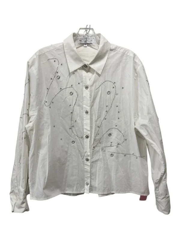 Hunter Bell Size M White & Silver Cotton Button Up Collar Long Sleeve Top