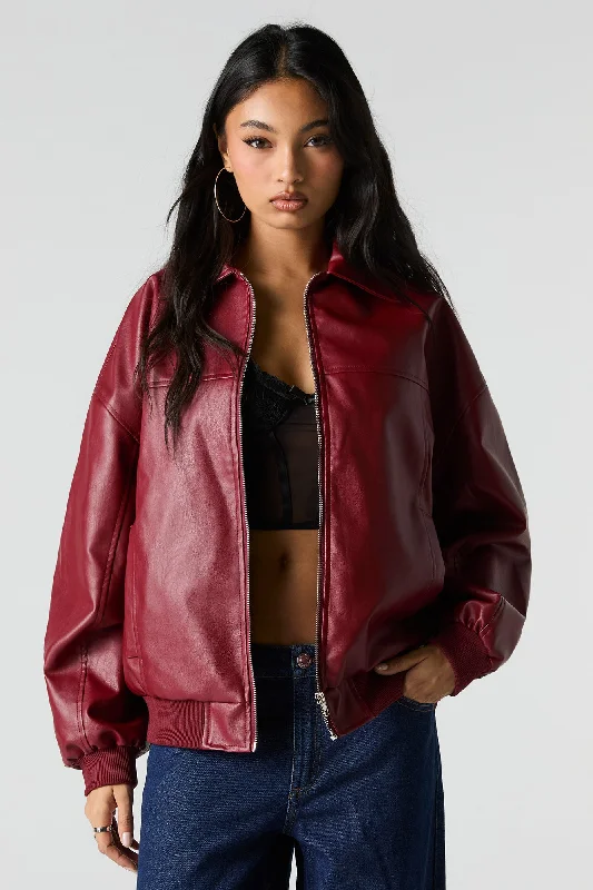 Faux Leather Oversized Zip-Up Bomber Jacket